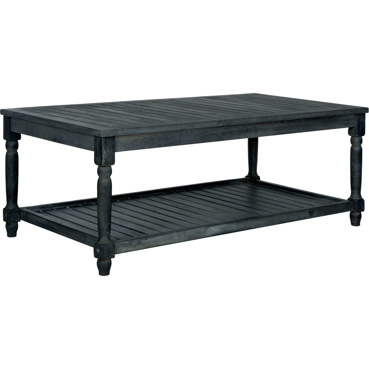 Dark slate gray acacia wood gives this two-tier outdoor coffee table a bold, weathered look. || PAT6726K || front_angle_studio