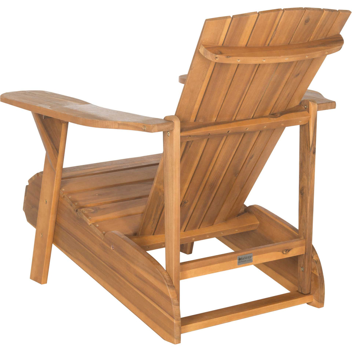 Natural wood Adirondack chair has an angled slatted back braced by sturdy wood rails