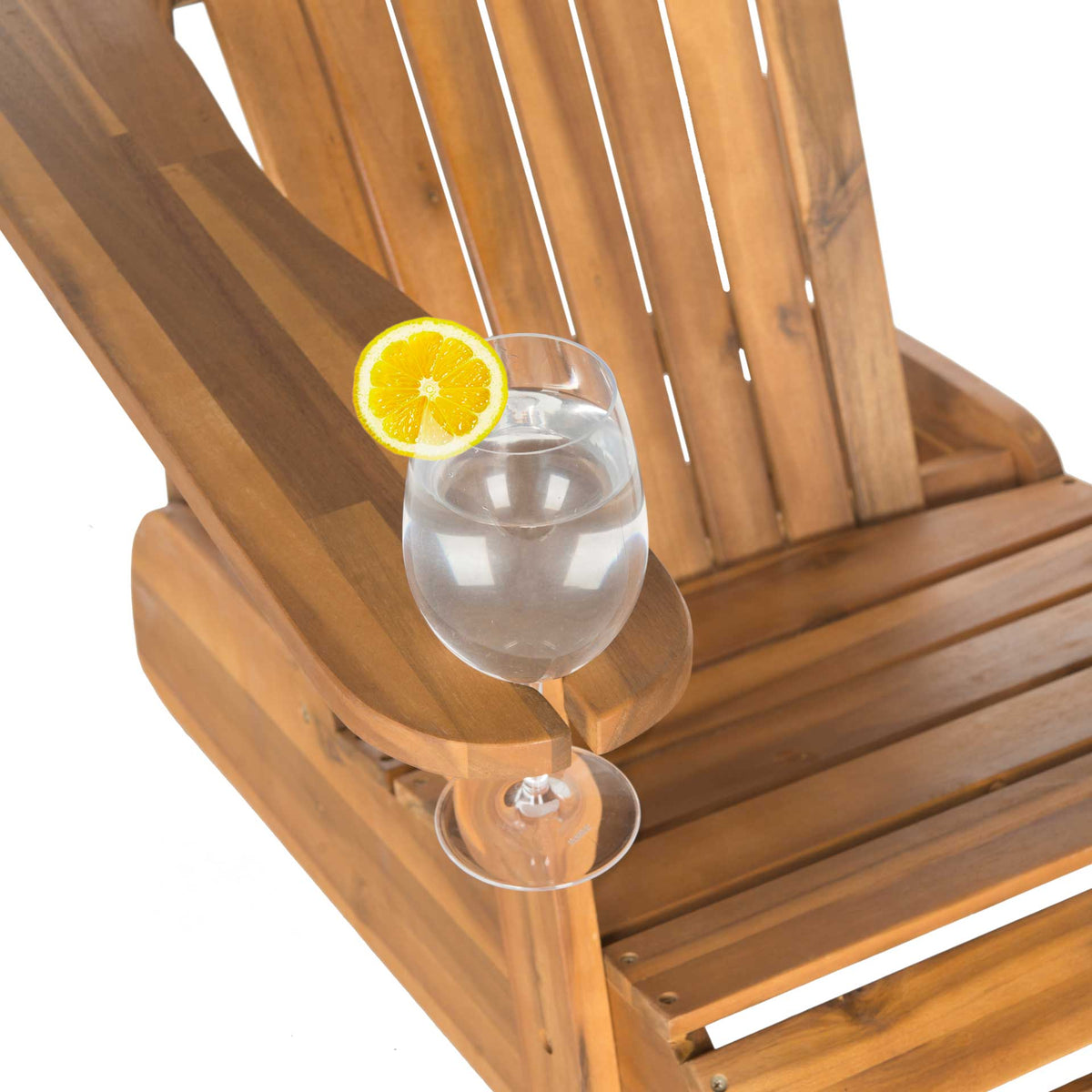 Natural wood armrest has a built-in notch that holds a stemmed glass above the slatted seat