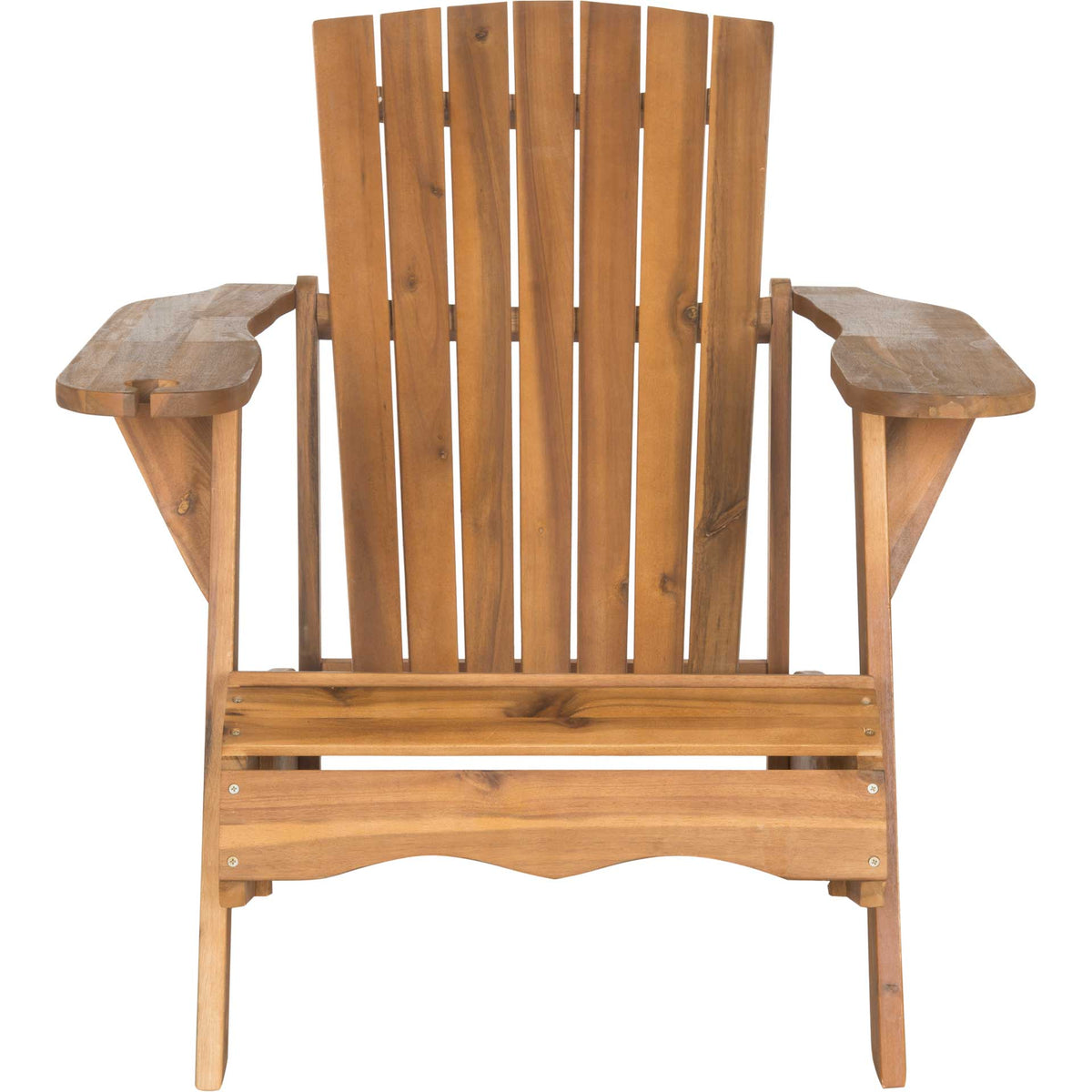 Warm natural acacia chair features a tall slatted back, broad armrests, and a scalloped front rail || PAT6727A || front_studio