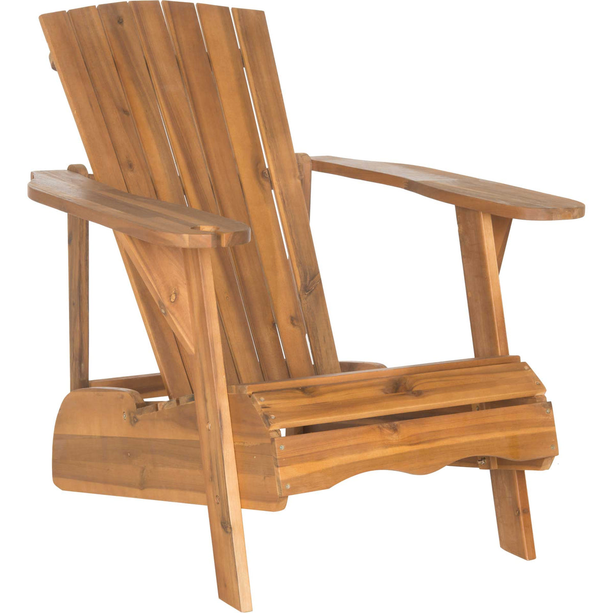 Natural acacia Adirondack chair has an angled slatted back, wide arms, and a low seat || PAT6727A || front_angle_studio