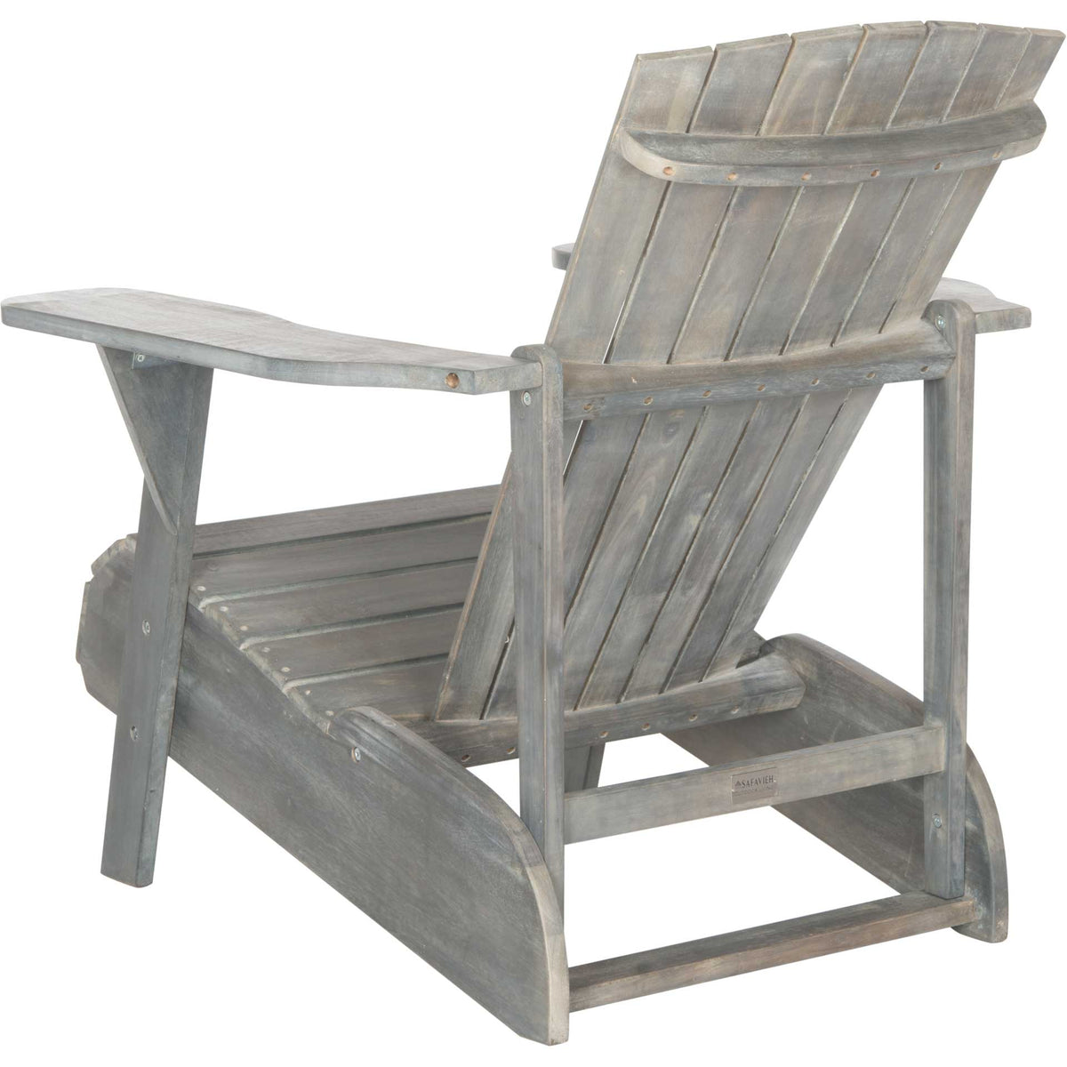 Ash gray wood backrest has spaced slats and supportive crossbars above the low, angled frame