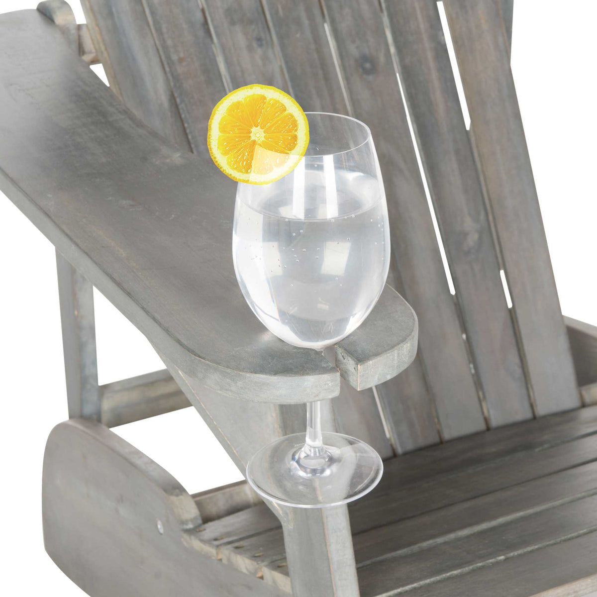 Integrated notch in the ash gray armrest holds a stemmed glass beside the slatted seat