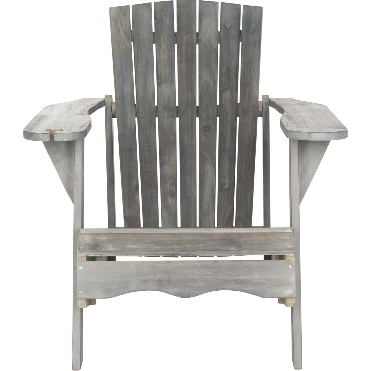 Weathered ash gray Adirondack chair features a tall slatted back and broad, contoured armrests || PAT6727B || front_studio