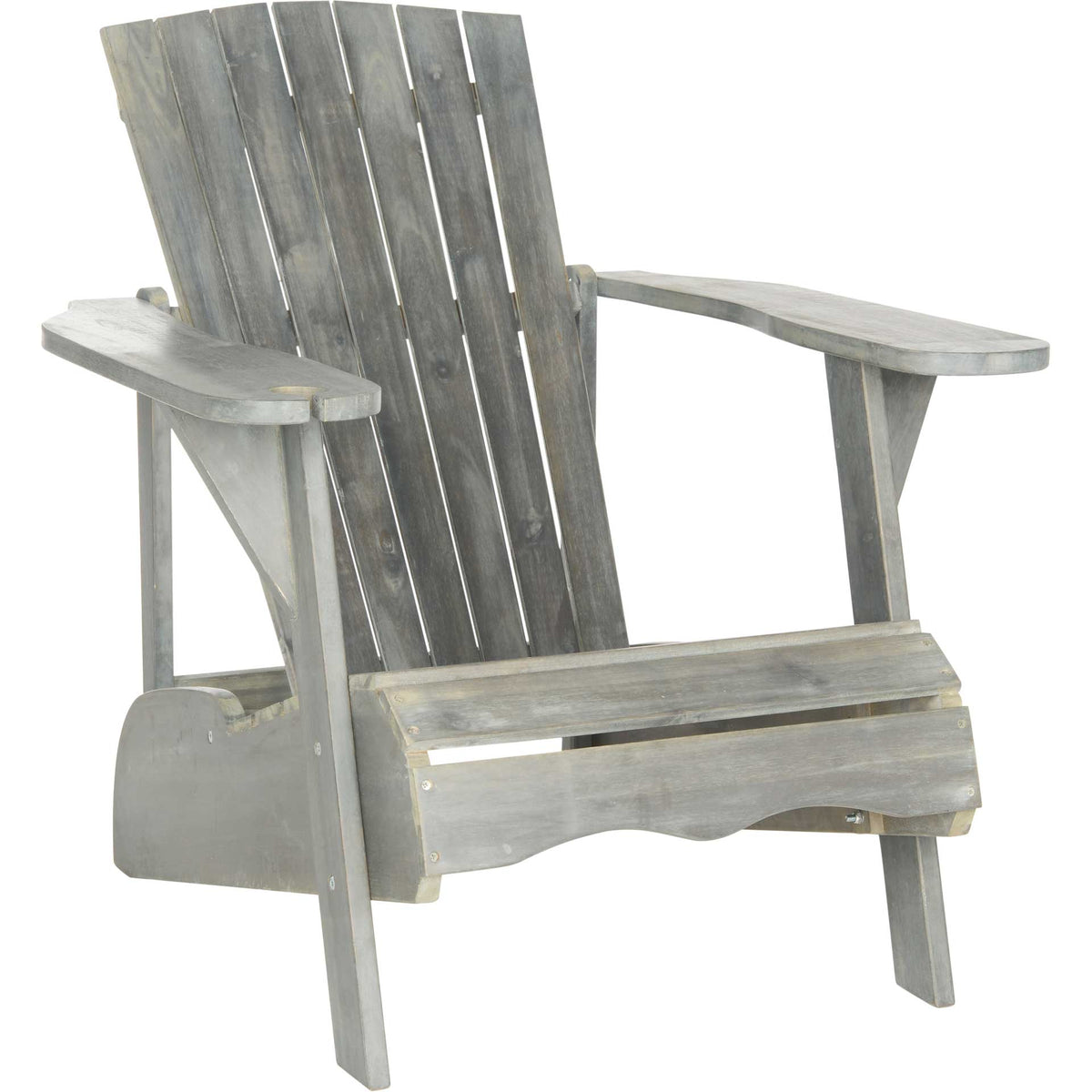 Ash gray wood Adirondack chair combines a tall slatted back, wide arms, and a low, sloped seat || PAT6727B || front_angle_studio