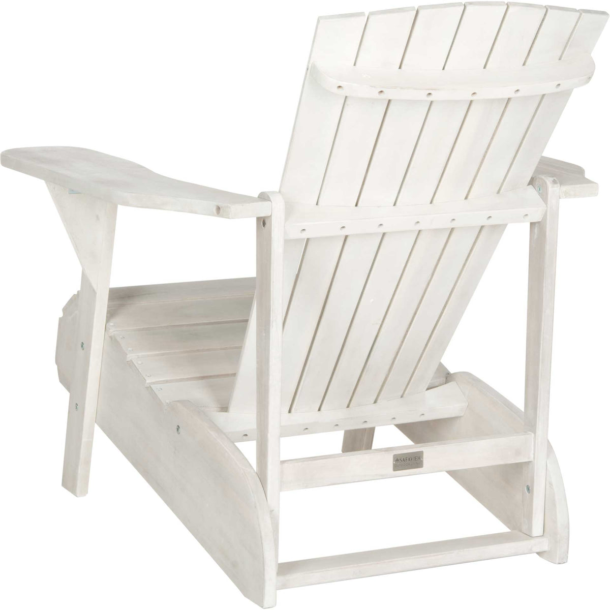 Antique white slatted back is braced with wood crossbars above a sturdy angled frame