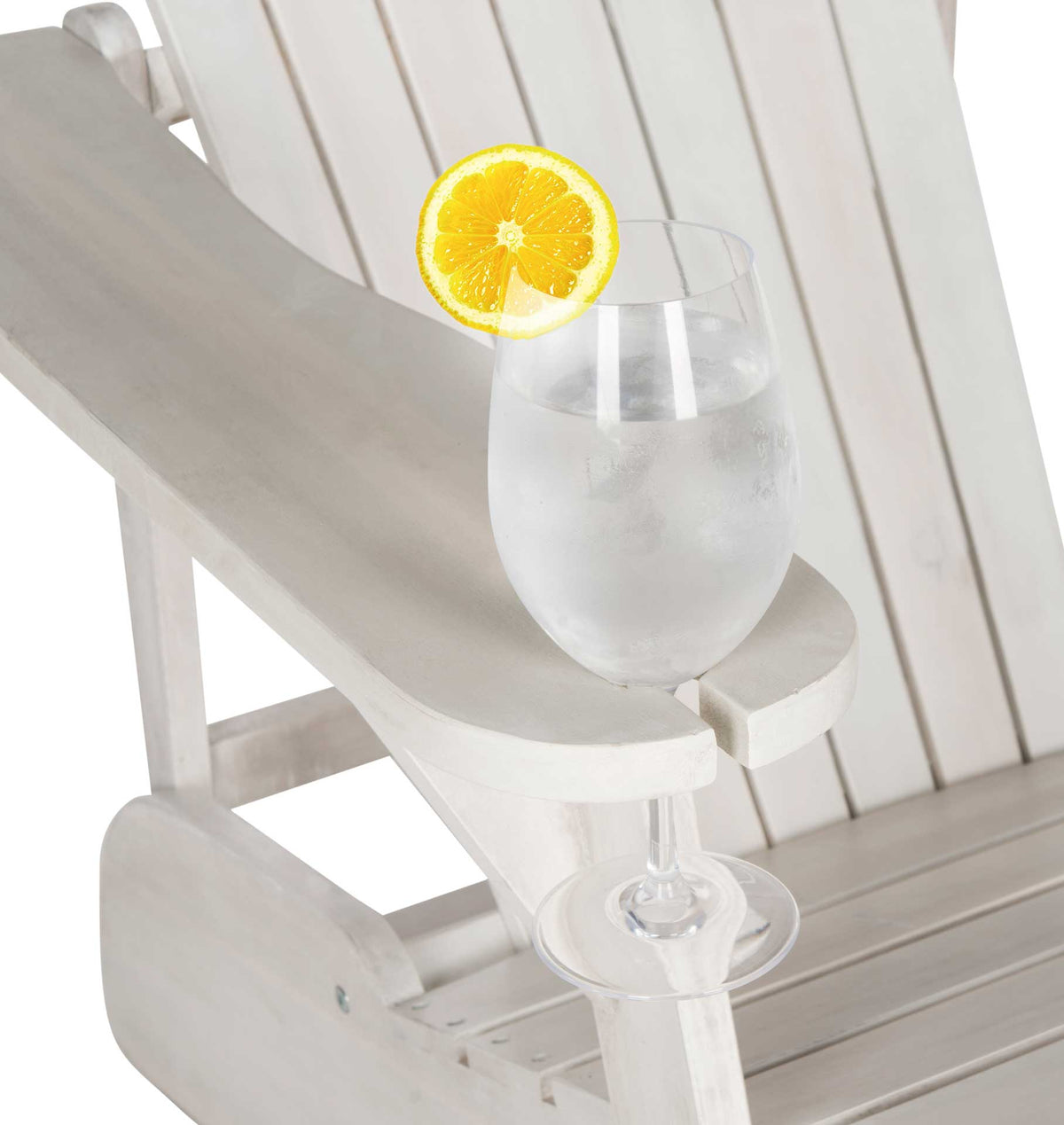 Built-in notch in the antique white armrest holds a stemmed glass beside the slatted seat