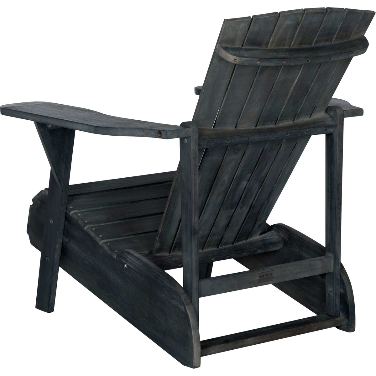 Dark slate gray chair has a reinforced slatted back and sturdy wood support rails