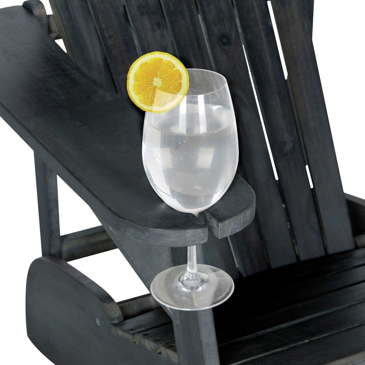 Notched dark slate gray armrest holds a stemmed glass beside the slatted wood seat
