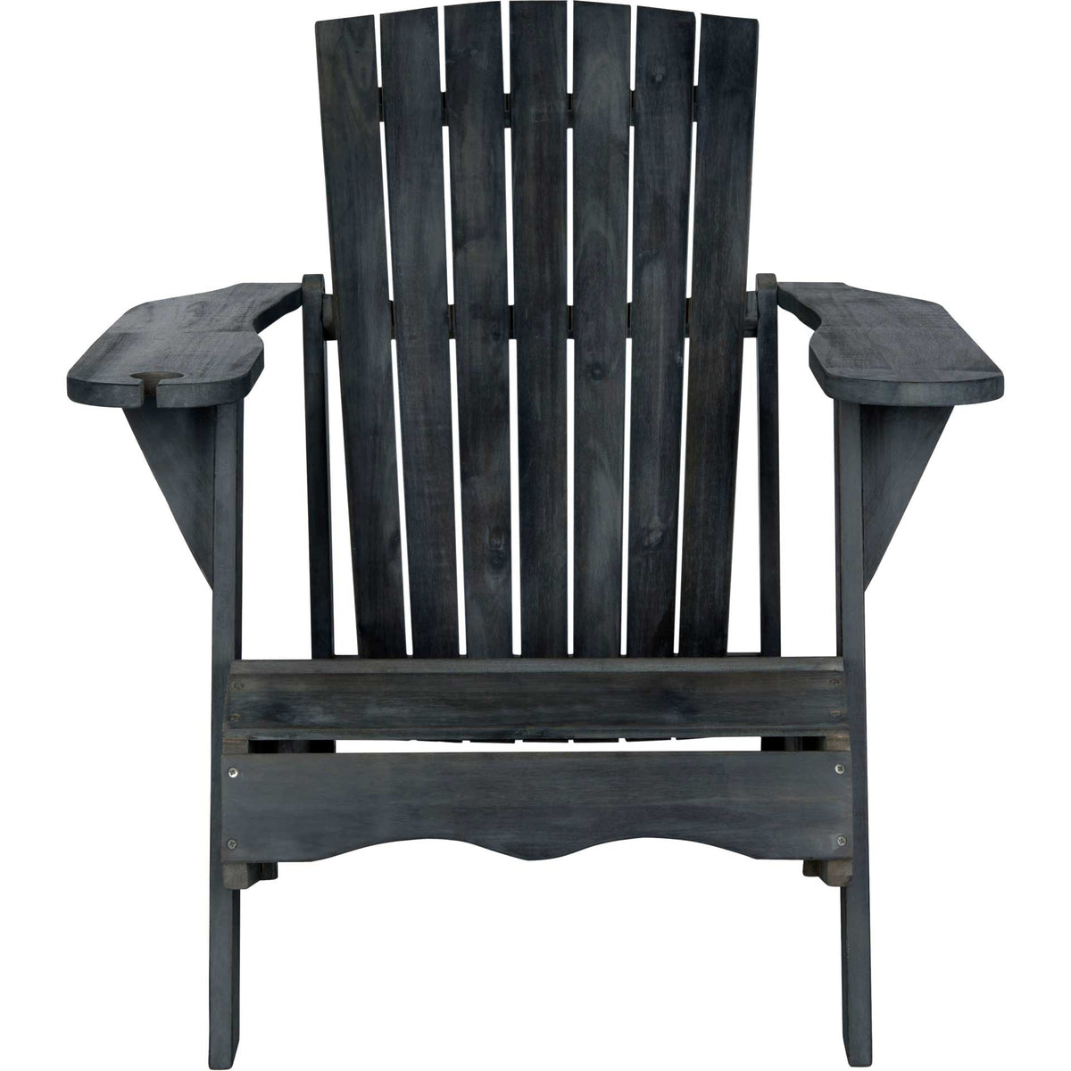Dark slate gray wood chair pairs a tall slatted back with broad arms and a curved front rail || PAT6727K || front_studio