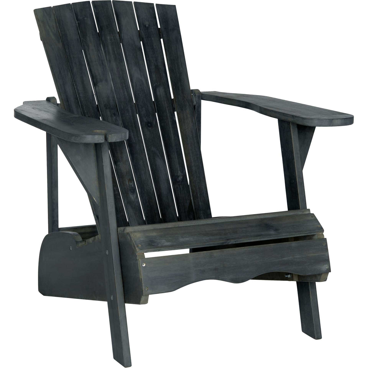 Dark slate gray Adirondack chair has a tall slatted back, wide arms, and a low, sloped seat || PAT6727K || front_angle_studio