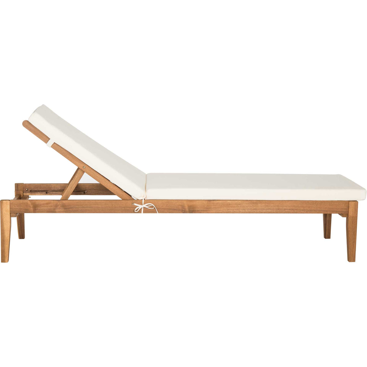 A gently reclined backrest joins a generously padded seat on a natural wood chaise.