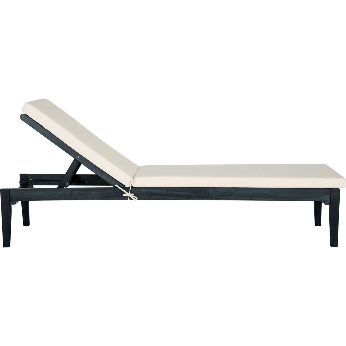 A lowered cushioned backrest offers easy lounging on a dark slate gray acacia chaise.