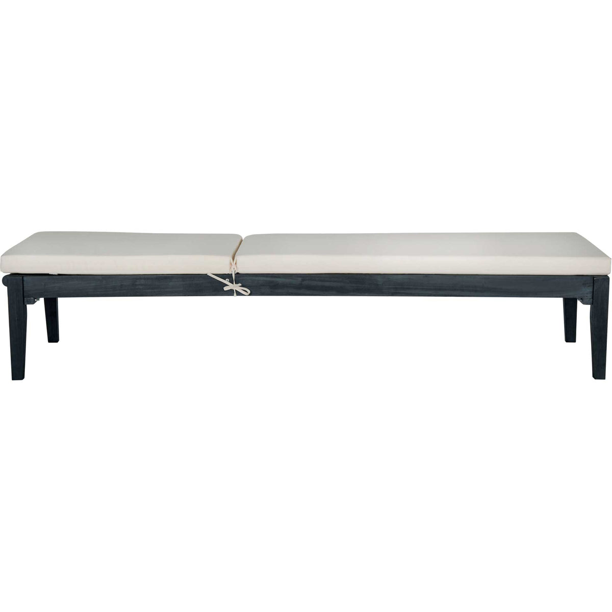 Flat beige cushions create a long resting surface atop the dark slate gray acacia frame.