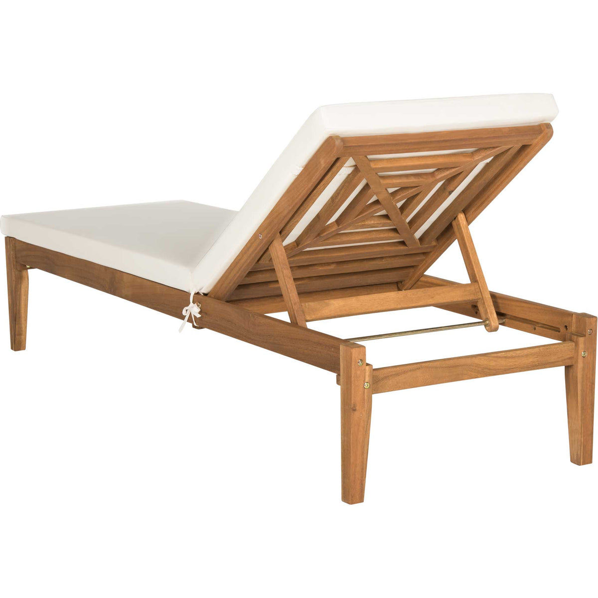 A slatted acacia backrest and angled wooden brace provide support while reclining.