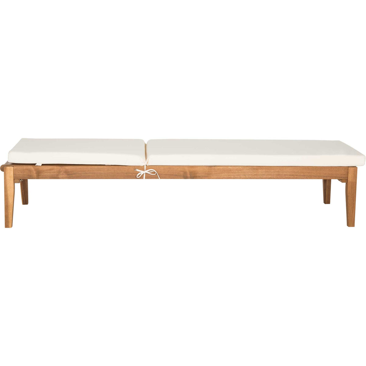The lowered backrest creates a flat, full-length cushion atop a natural acacia frame.