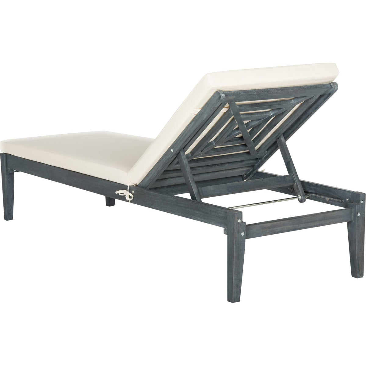 Slatted backrest and angled support brace add structure to the ash gray acacia lounger.