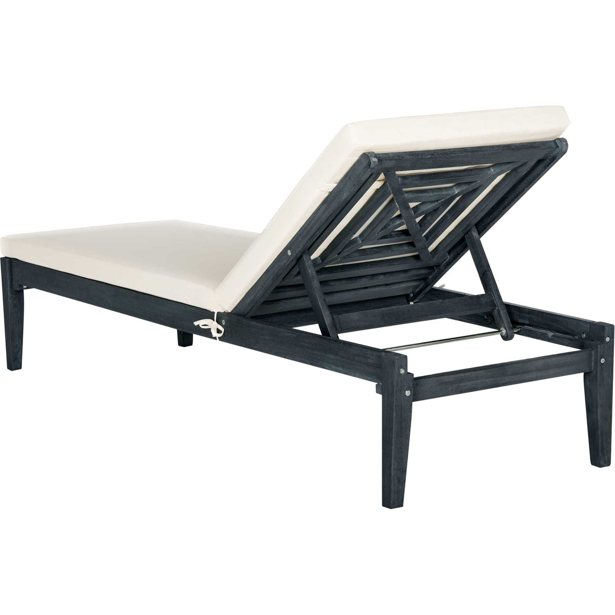 Exposed slats and an angled brace support the reclining back on this gray wood lounger.