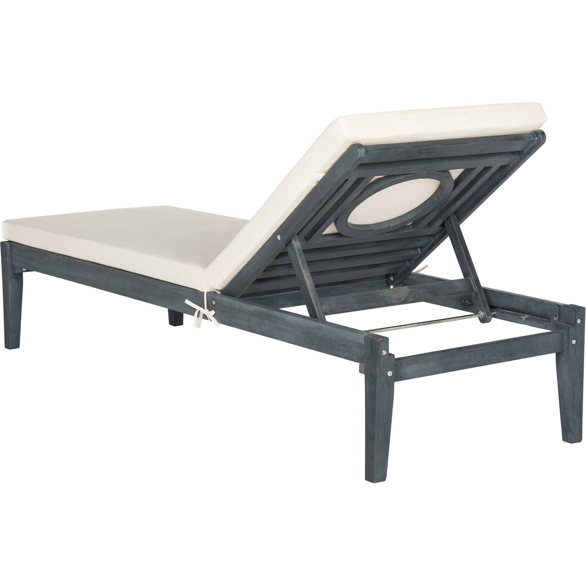 Slatted backrest with a circular cutout and angled supports defines this ash gray acacia sun lounger