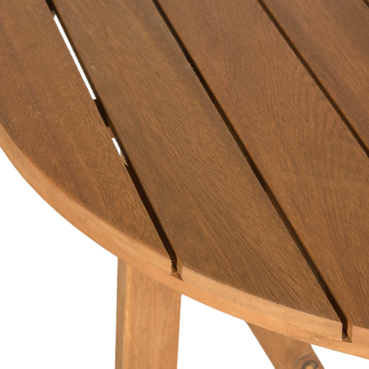 Natural acacia planks bring warm wood grain and a rounded edge to the tabletop