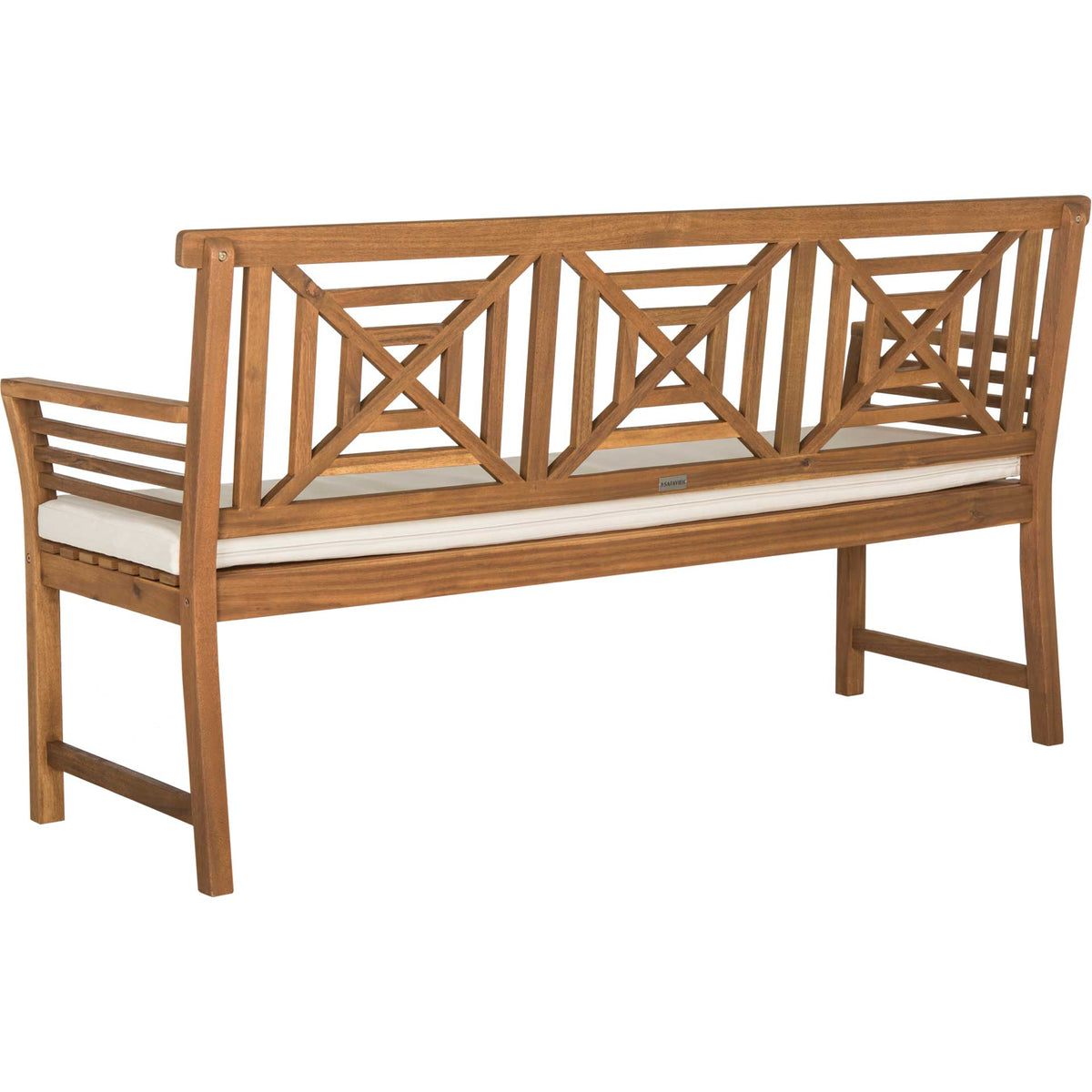 Natural wood bench displays three open square-and-X back panels and sturdy side stretchers