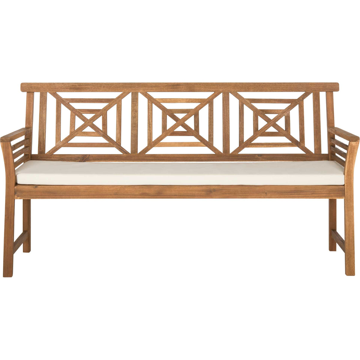 Natural wood bench features three square X-back panels, slatted arms, and a cushioned beige seat || PAT6737A || front_studio