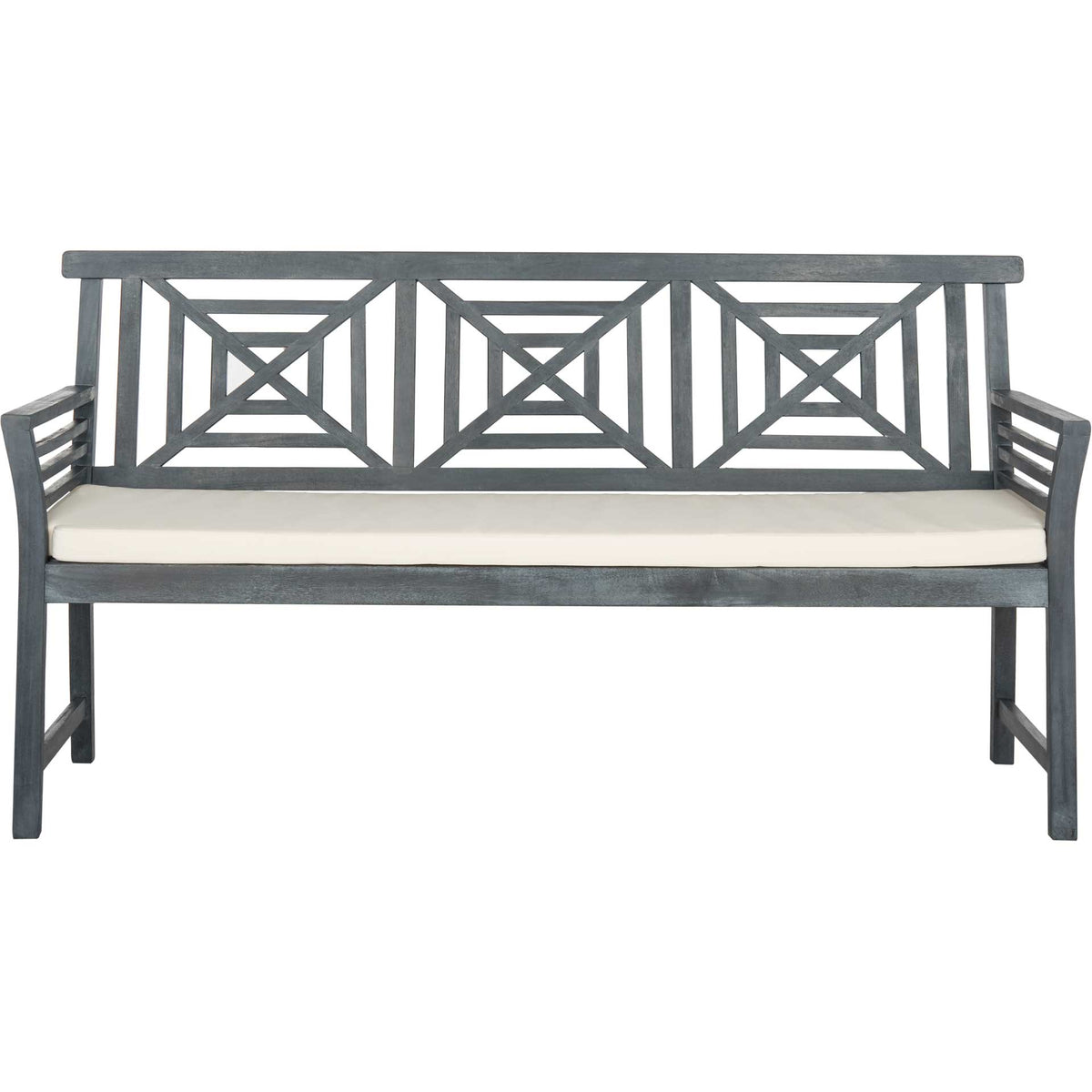 Ash gray wood bench features three geometric X-back panels, slatted arms, and a plush beige cushion || PAT6737B || front_studio