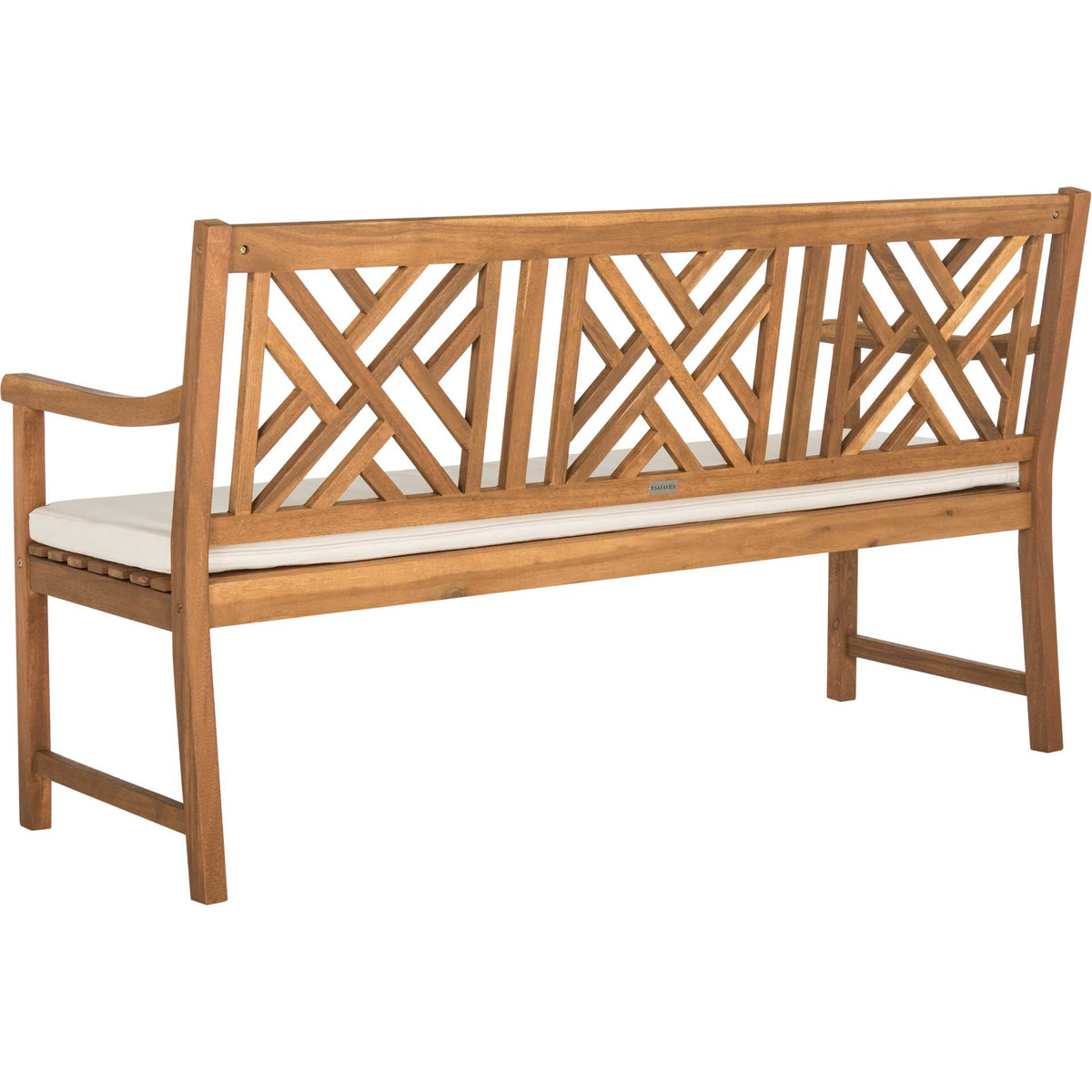 Warm wood grain frames three airy lattice panels, with sturdy legs and curved armrests