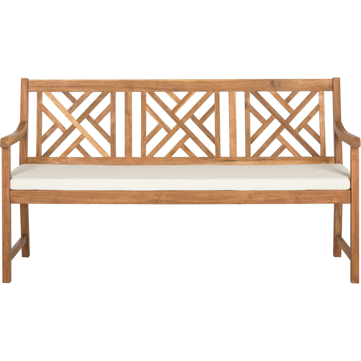 Three-seat natural wood bench features X-pattern back panels and a beige seat cushion || PAT6738A || front_studio