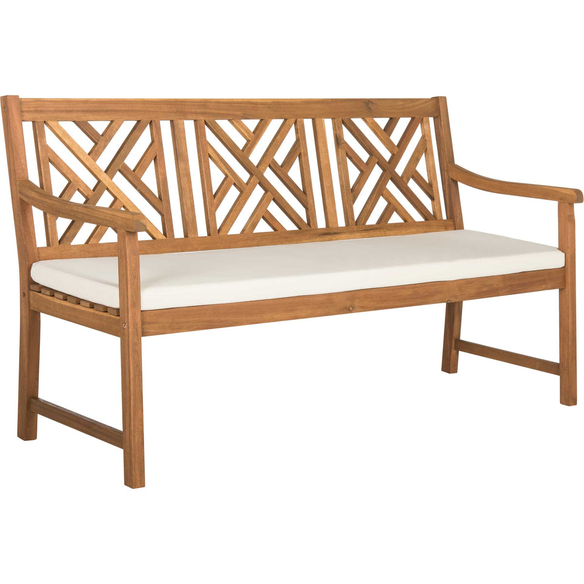 Natural acacia bench pairs curved arms and open latticework with a full-length beige cushion || PAT6738A || front_angle_studio