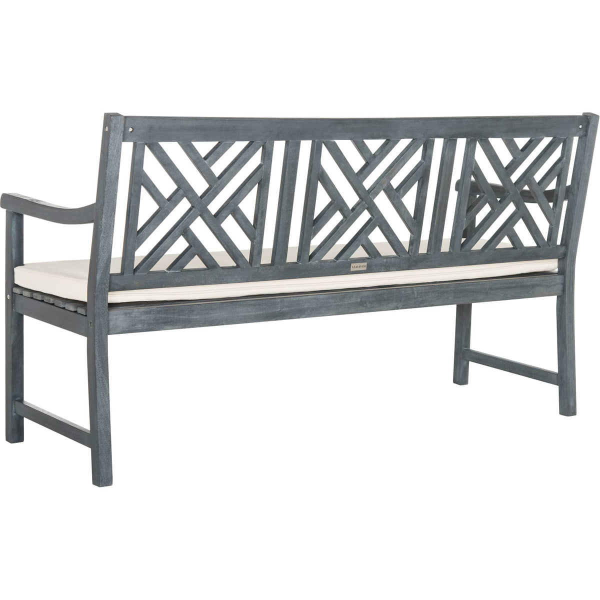 Open X-pattern panels and side stretchers add airy detail to an ash gray wood bench