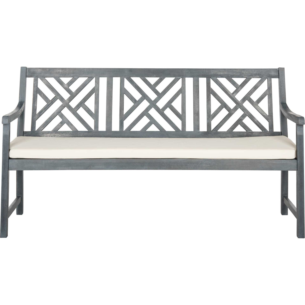 Three-seat bench features an ash gray finish, a crisscross backrest, and a beige seat cushion || PAT6738B || front_studio