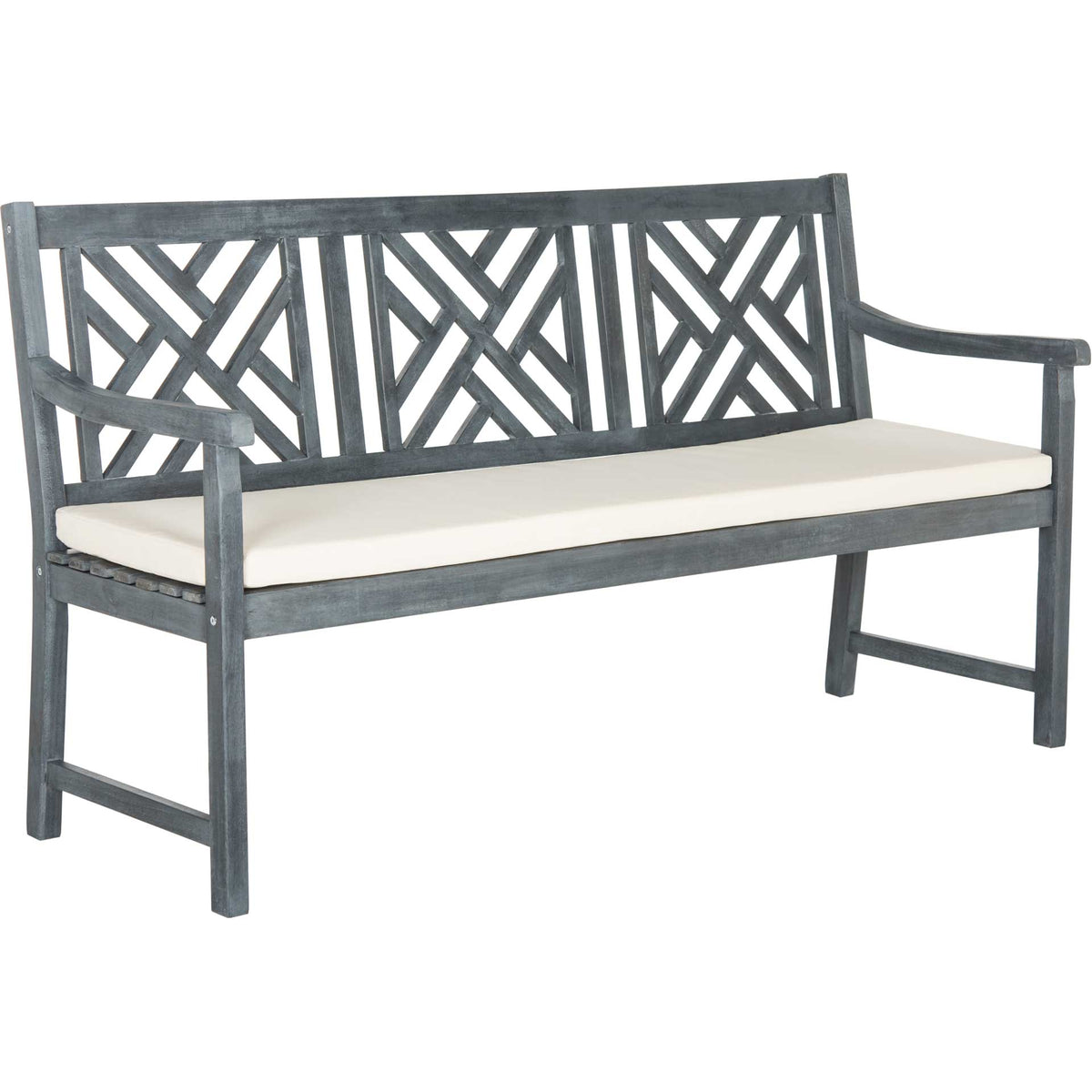 Ash gray acacia bench pairs curved arms and lattice-back panels with a full-length beige cushion || PAT6738B || front_angle_studio