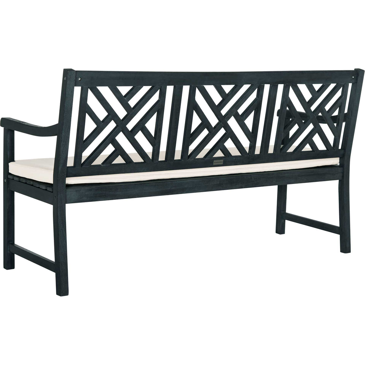 Dark slate gray wood highlights the open crisscross back and curved arms of this three-seat bench