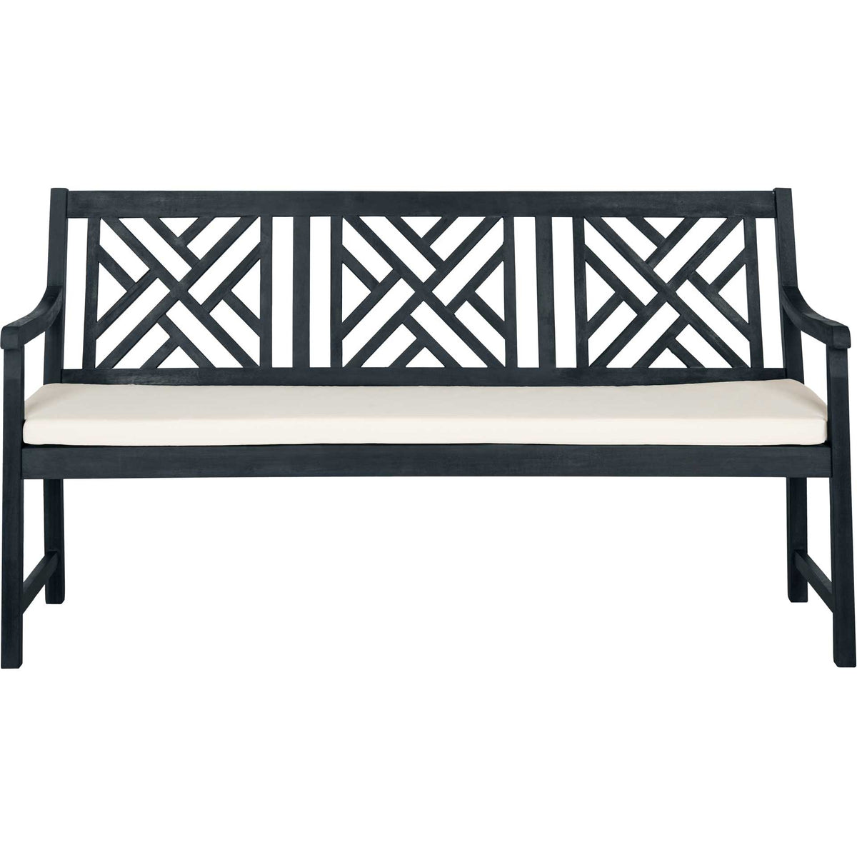 Three geometric back panels and a beige cushion define this dark slate gray outdoor bench || PAT6738K || front_studio
