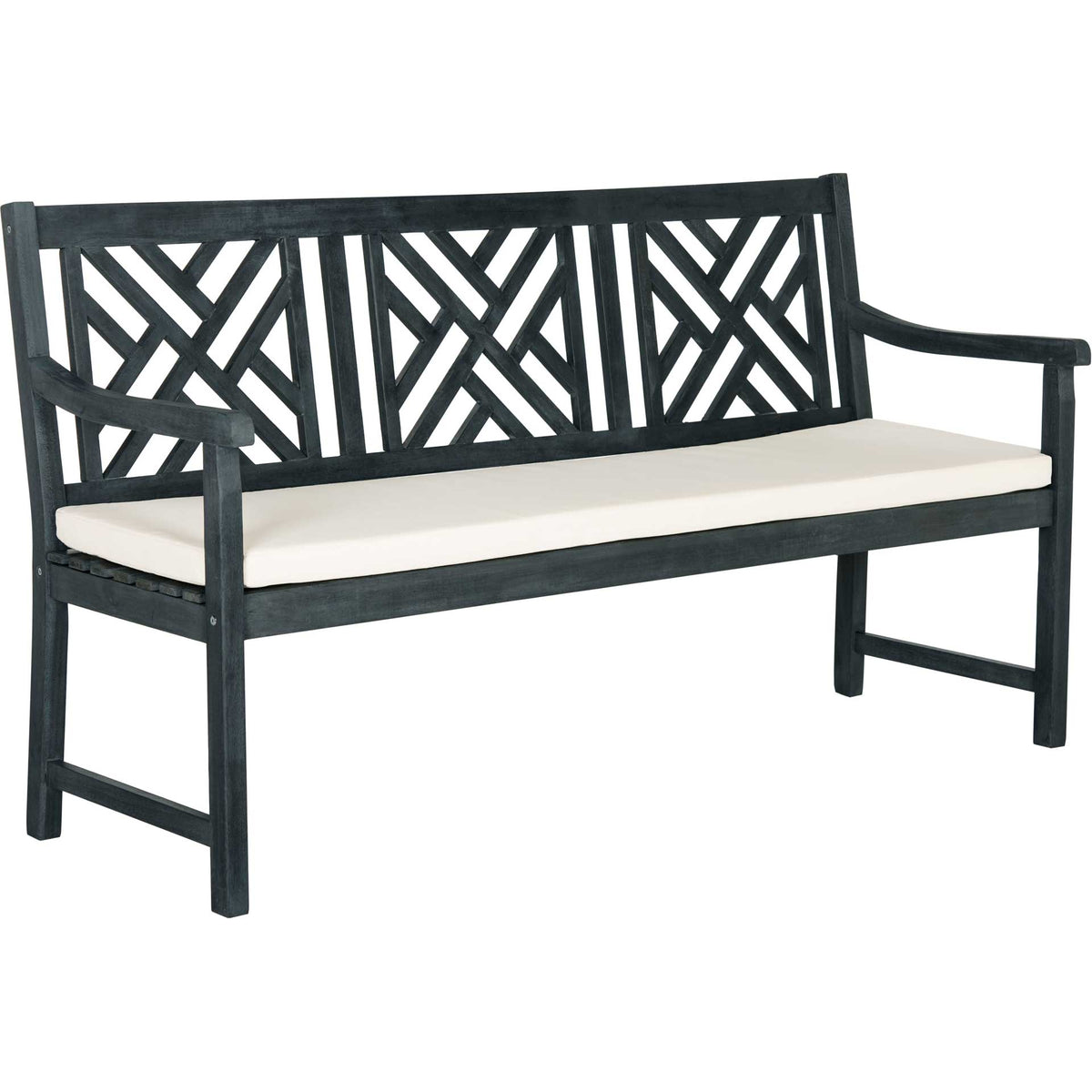 Dark slate gray acacia bench combines curved arms, a patterned back, and a beige cushion || PAT6738K || front_angle_studio