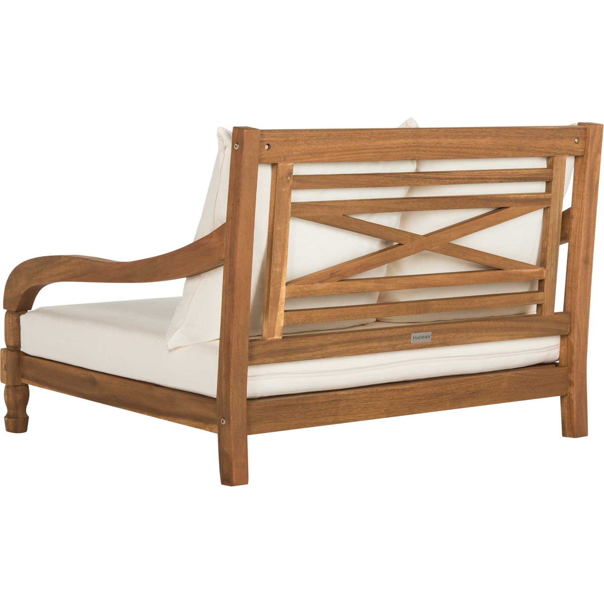 Cross-braced slat back adds geometric detail to the natural acacia lounger