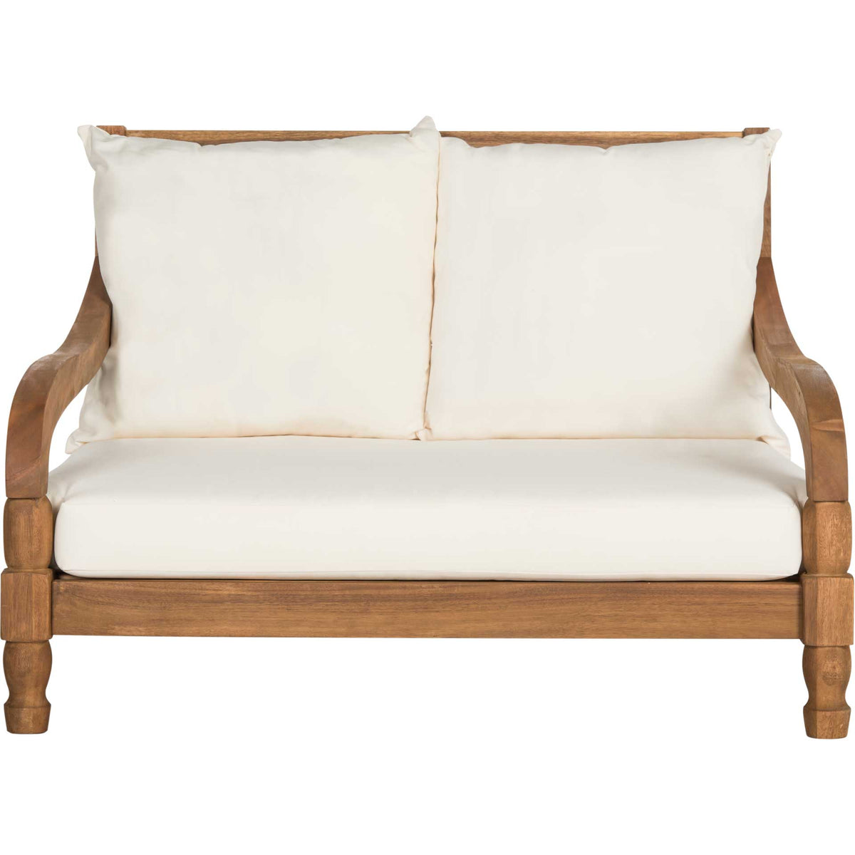Natural wood lounger features a deep beige seat cushion and two plush back pillows || PAT6740A || front_studio