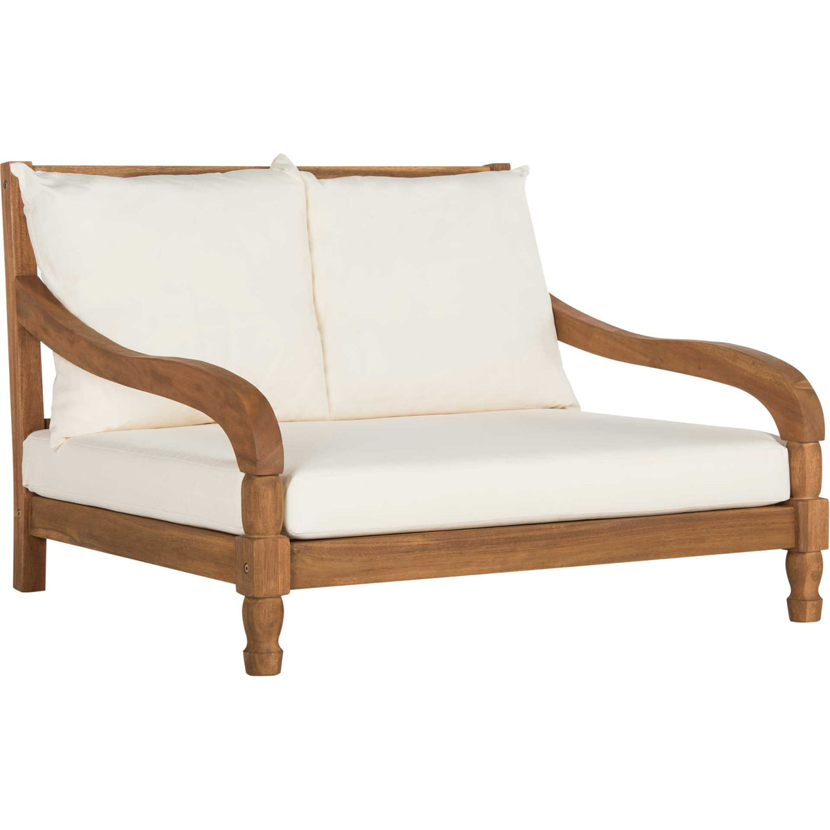 Natural acacia lounger combines curved arms and turned feet with beige cushions || PAT6740A || front_angle_studio