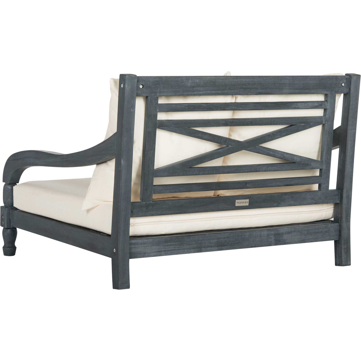 Cross-braced slat back gives the ash gray acacia lounger geometric detail