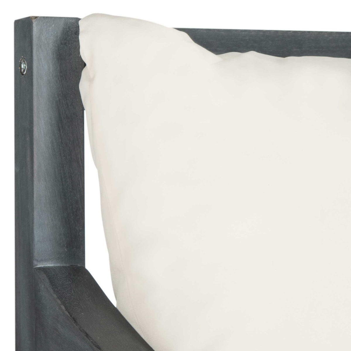 Soft beige back cushion nestles against the ash gray wood frame and curved arm