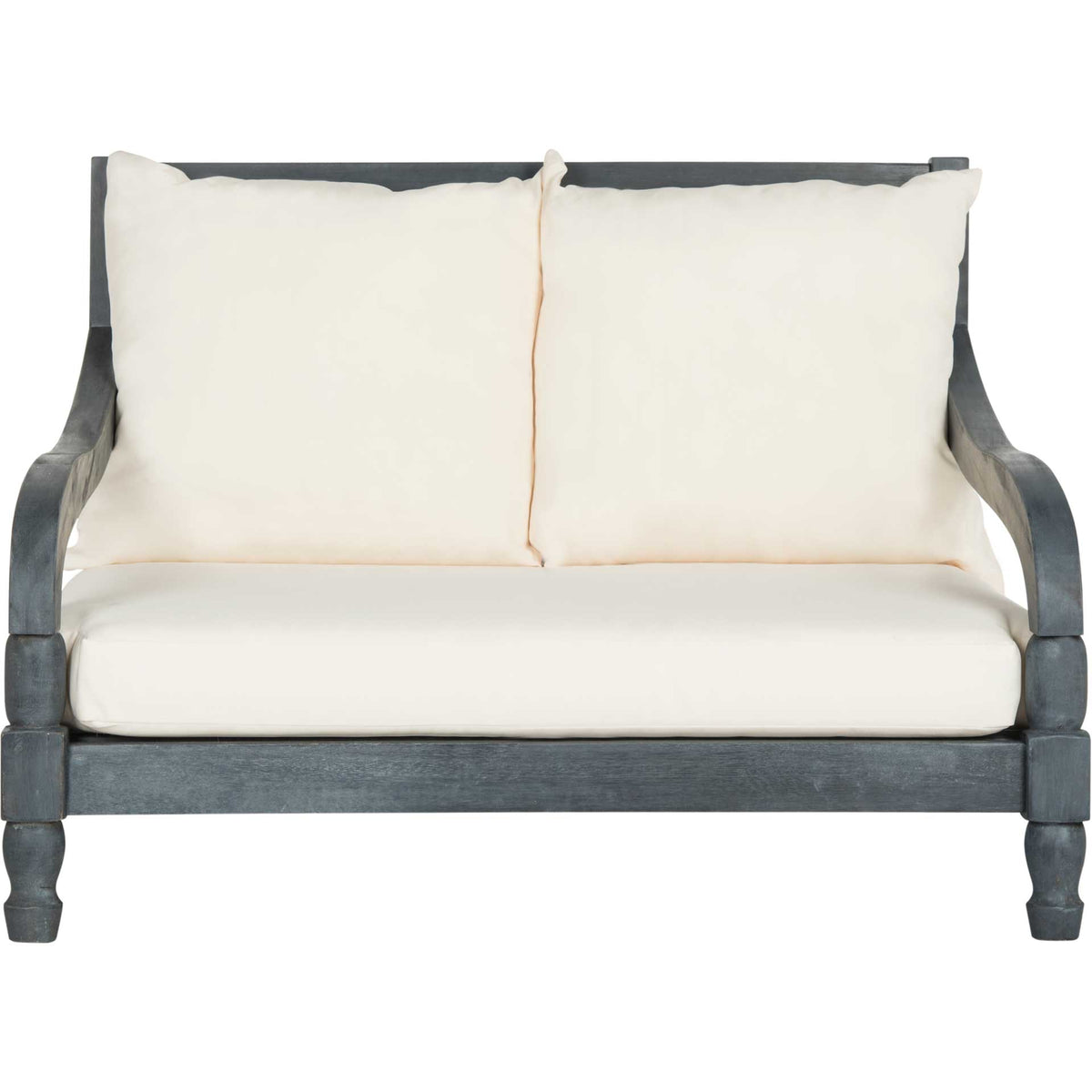Plush beige seat and twin back cushions soften the ash gray wood lounger || PAT6740B || front_studio