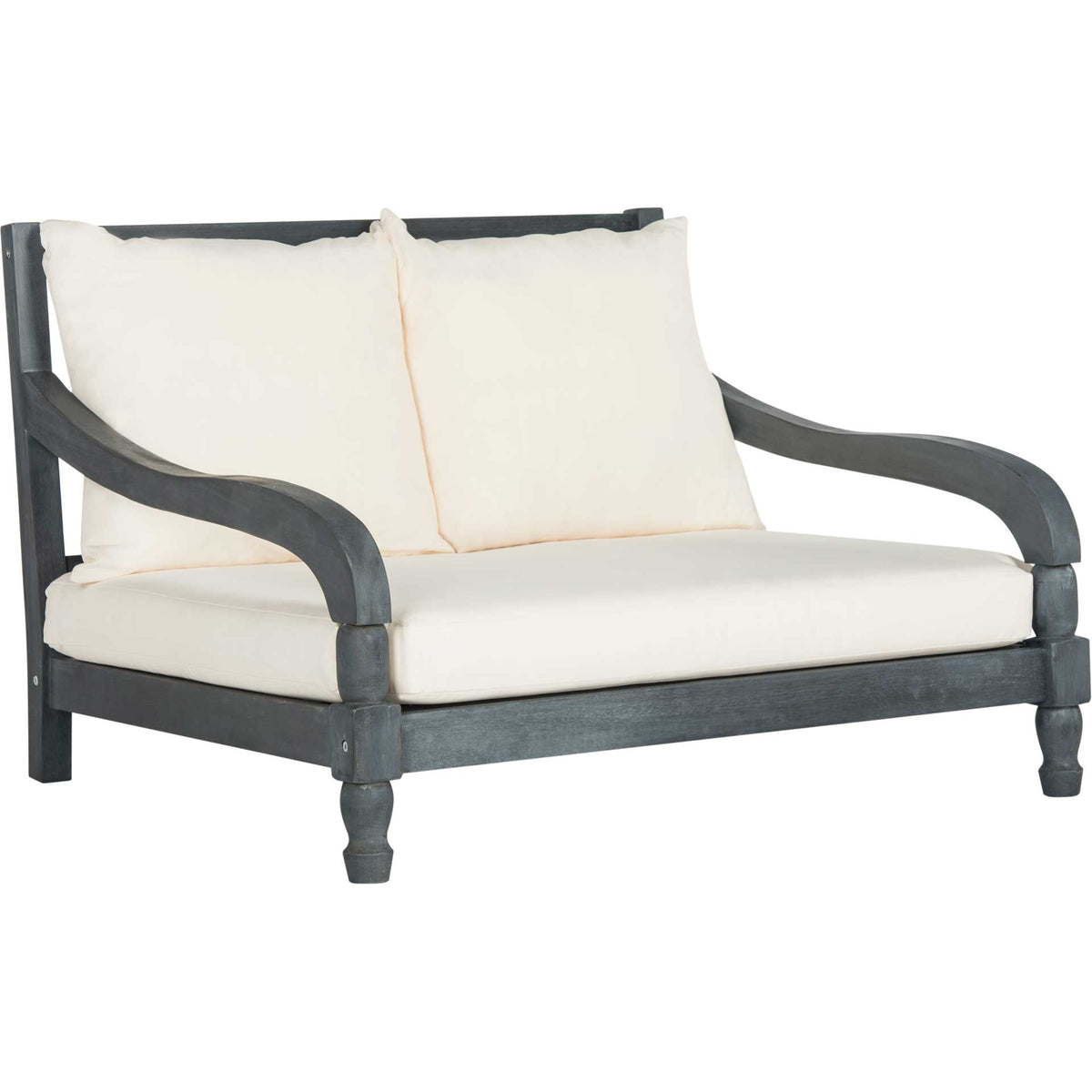 Ash gray acacia lounger pairs sweeping arms and turned feet with plush beige cushions || PAT6740B || front_angle_studio