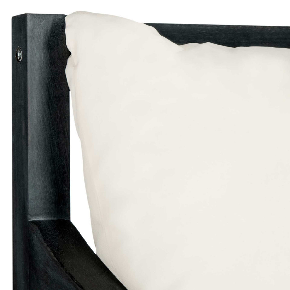 Beige back cushion meets the dark slate gray wood frame and curved arm