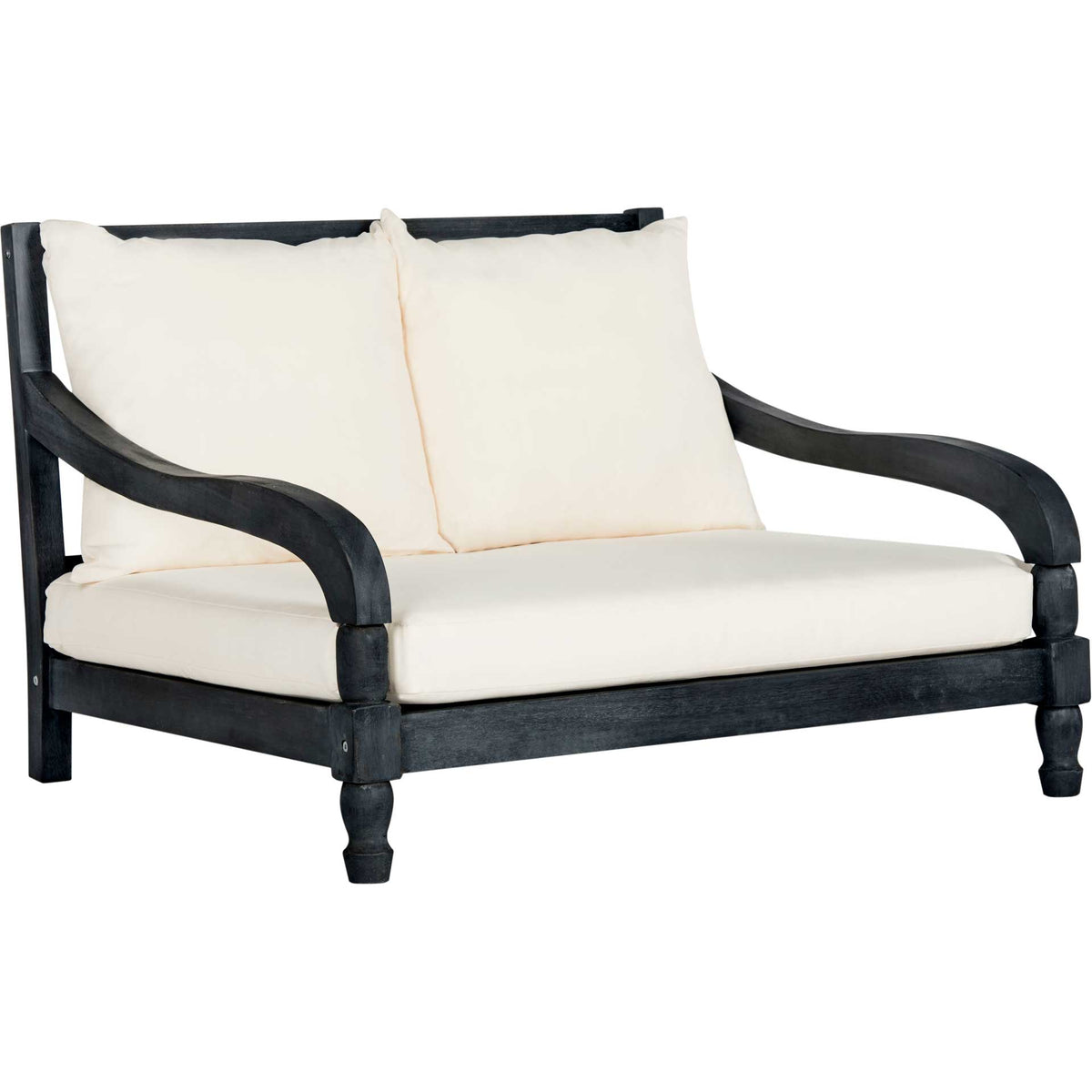 Dark slate gray acacia lounger features sweeping arms, turned feet, and beige cushions || PAT6740K || front_angle_studio