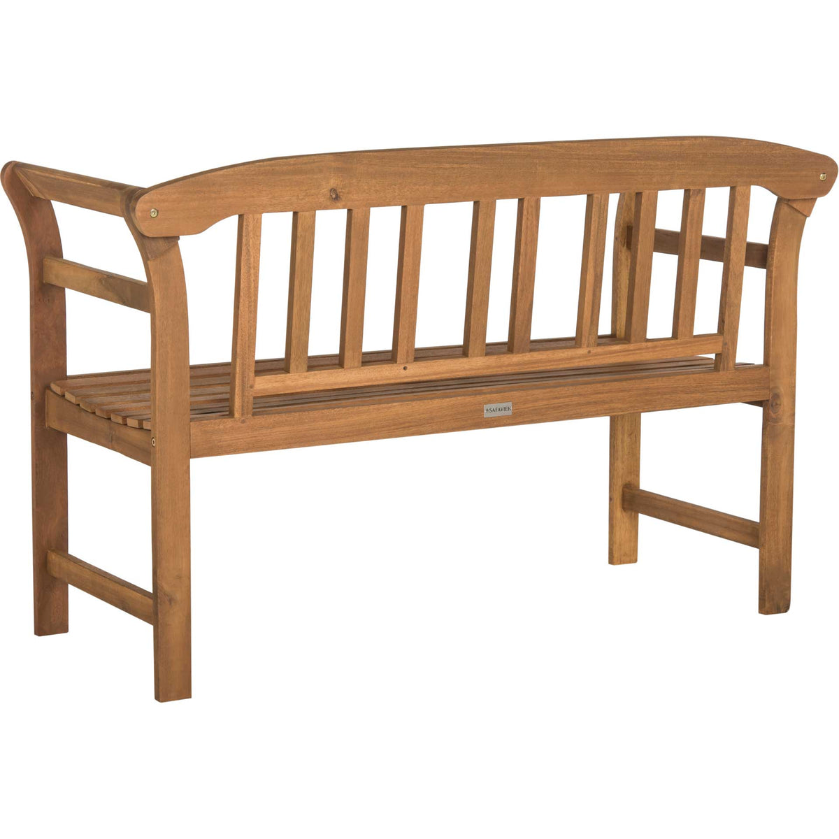 The curved top rail and open slatted back show off the warm grain of this natural acacia bench.
