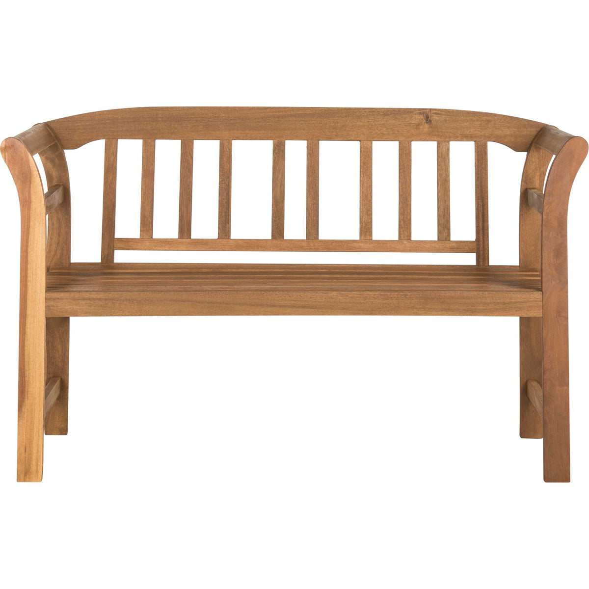 A gently arched back and evenly spaced slats define this natural wood two-seat bench. || PAT6742A || front_studio