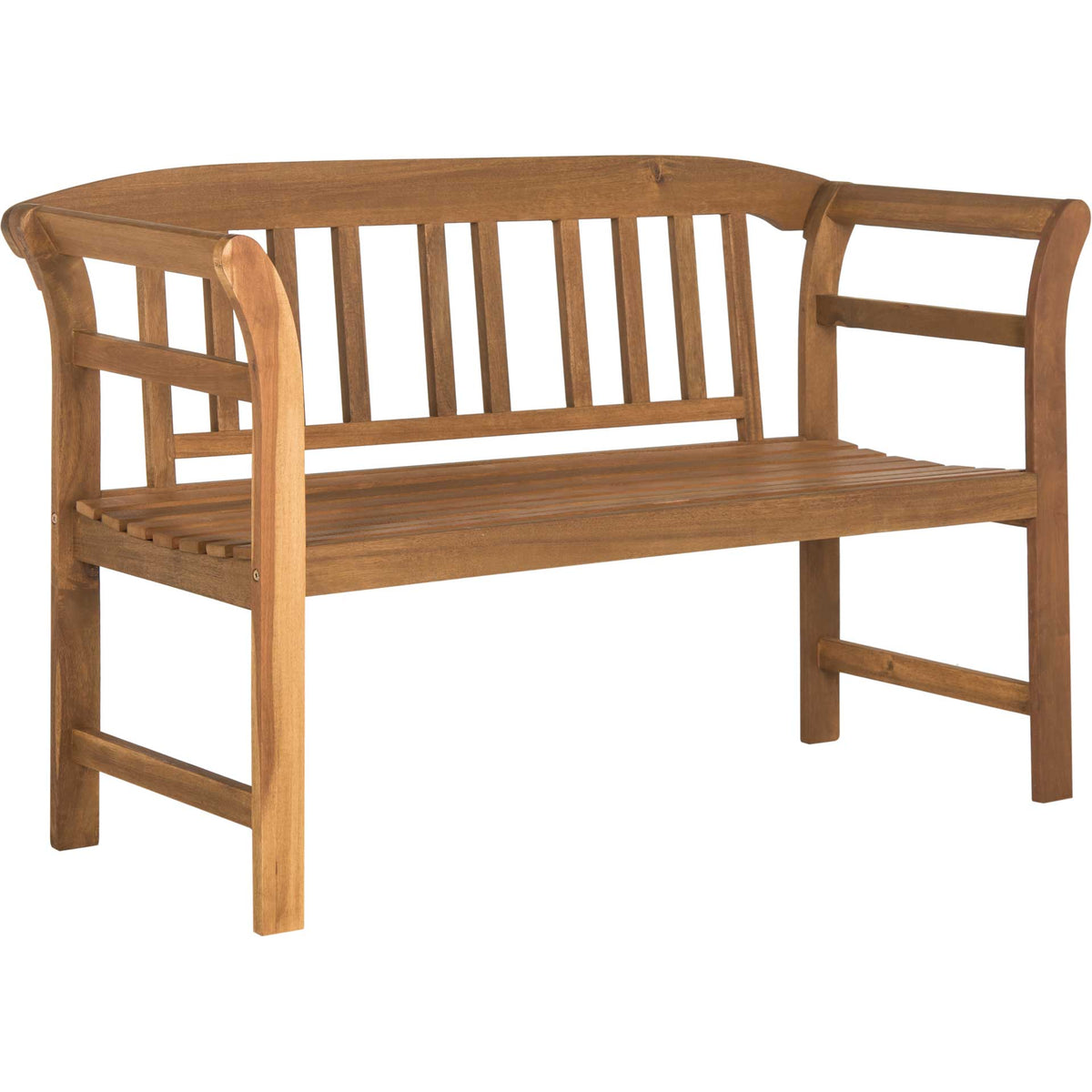 Natural acacia wood warms this slatted outdoor bench with curved armrests and an arched back. || PAT6742A || front_angle_studio