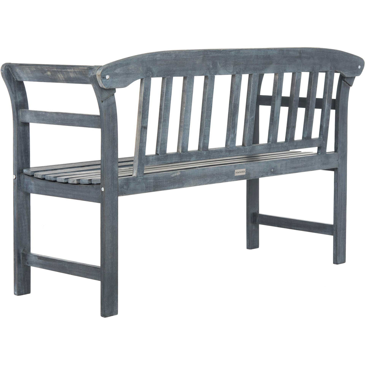 Ash gray wood highlights the curved back rail and vertical slats of this outdoor bench.