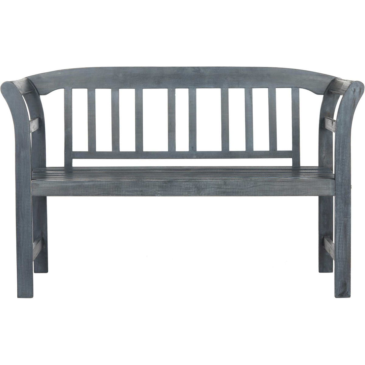 A gently arched backrest and evenly spaced slats give this ash gray two-seat bench timeless appeal. || PAT6742B || front_studio